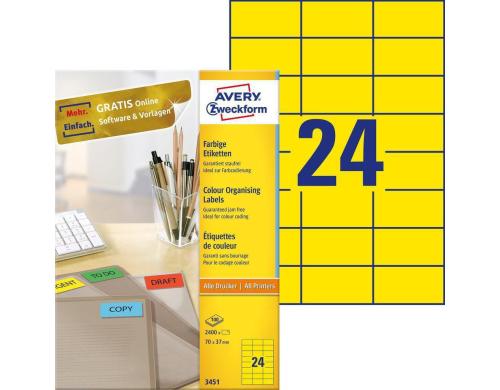 Avery Zweckform Etiketten gelb 70x37mm, 100 Bogen / 2400 Etiketten