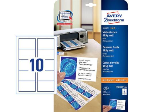 Avery Zweckform Visitenkarten mikroperforie 190g, 10 Bogen/100 Karten, Inkjet