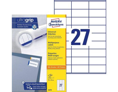 Avery Zweckform Etiketten A4, 70x32mm Packung zu 100 Blatt / 2700 Etiketten