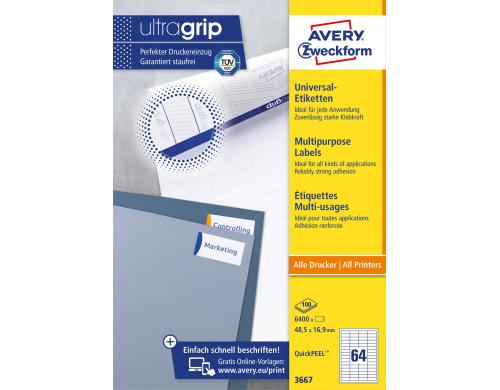 Avery Zweckform Etiketten A4, 48.5x16.9mm Packung zu 100 Blatt / 6400 Etiketten