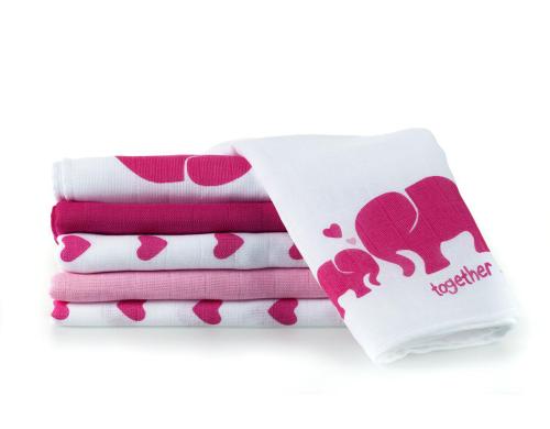 Makian Mulltcher 80x80cm 6er Pack, Pink & Weiss Elefant und Herz